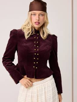 Cider - Corduroy Women's Stand Collar Peplum Jacket Burgundy