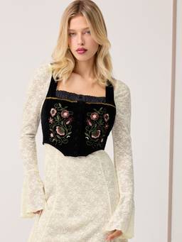 Cider - Velvet Women's Floral Embroidered Square Neck Crop Top Black