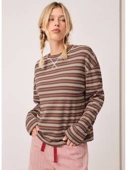 Cider - Cotton Blend Women's Striped Round Neck Oversized T-Shirt Brown