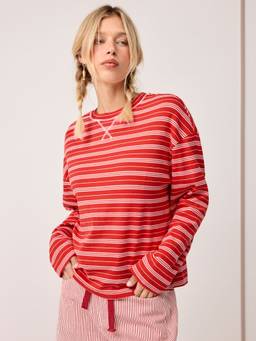 Cider - Cotton Blend Women's Striped Round Neck Oversized T-Shirt Red