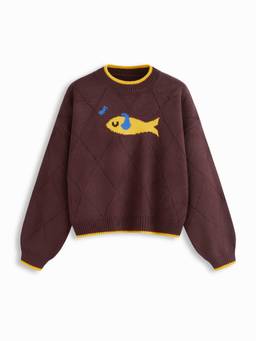 Cider - Fish Graphic Women Oversized Round Neck Pullover Sweater Brown