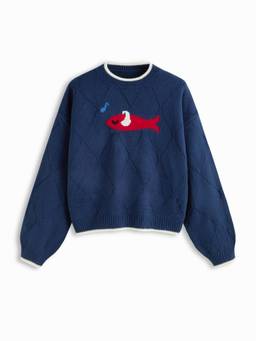 Cider - Fish Graphic Women Oversized Round Neck Pullover Sweater Navy Blue