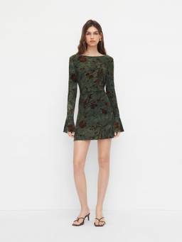 Cider - Floral Ruched Women's Boat Neck Backless Mini Dress Green