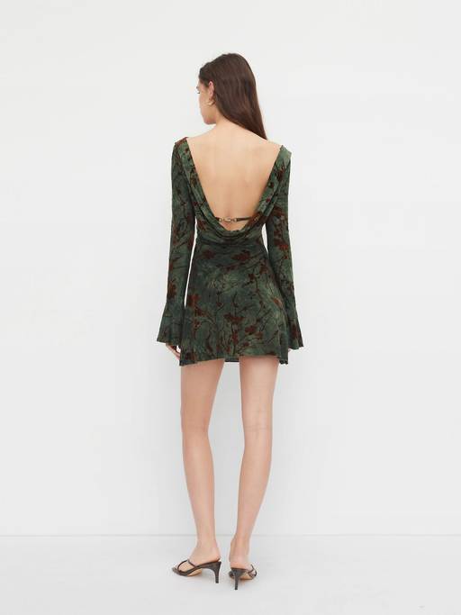 Buy Cider Floral Ruched Women's Boat Neck Backless Mini Dress Green (XXS) Online