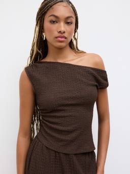 Cider - Textured Women's Asymmetrical Ruched Pant Set Brown