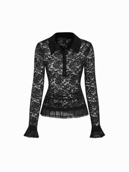 Cider - Lace Collar Women Floral Sheer Bell Sleeve Top Black
