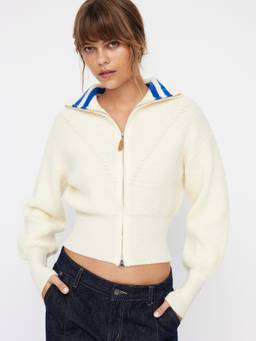 Cider - Knit Collar Women's Zip-Through Cardigan Beige