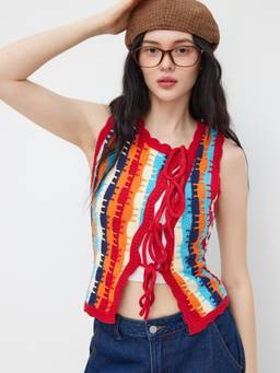 Cider - Knit Crochet Women’s Tie-Front Asymmetrical Neck Vest Multi-Color