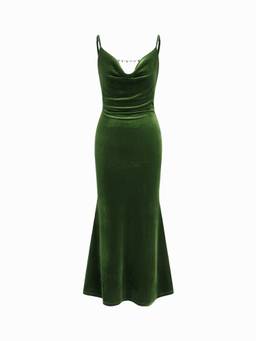 Cider - Velvet Women's Backless Chain Detail Cowl Neck Maxi Dress Olive