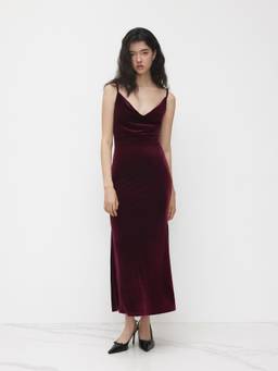 Cider - Velvet Women's Backless Chain Detail Cowl Neck Maxi Dress Wine