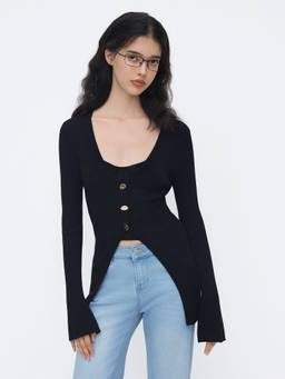 Cider - Knit Women's Ribbed V-Neck Button Cardigan Black