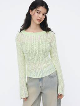 Cider - Knit Crochet Women’s Boat Neck Long Sleeve Top Pale Green