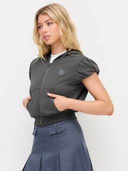 Cider - Terry Snail Women's Embroidered Puff Sleeve Zip-Up Hoodie Dark Grey