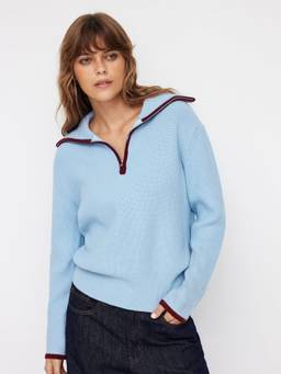 Cider - Contrasting Binding Women Half Zip Collar Neck Top Blue