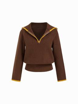 Cider - Contrasting Binding Women's Half Zip Collar Neck Top Brown