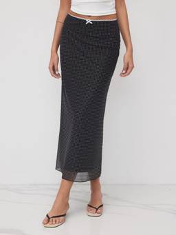 Cider - Mesh Polka Dot Women’s Mid-Rise Bowknot Maxi Skirt Black