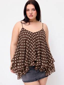 Cider - Chiffon Women's Polka Dot Ruffle Hem Tie-Up Cami Top Brown