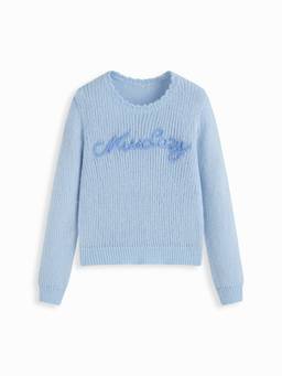 Cider - Knit Women's Letter Textured Round Neck Oversized Top Blue