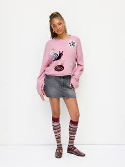 Cider - Knit Wool-blend Women's Snail Print Bell Sleeve Oversized Top Pink