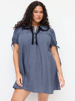 Cider - Cotton Blend Women's Checks Peter Pan Collar Mini Dress Navy Blue