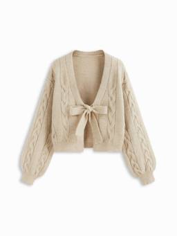 Cider - Cable Knit Women’s Oversized V-Neck Tie-Up Cardigan Beige