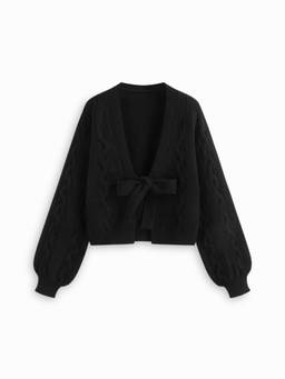 Cider - Cable Knit Women Knotted Oversized V-Neck Cardigan Black