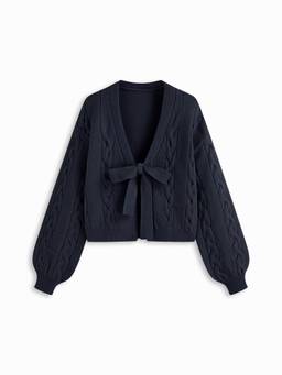 Cider - Cable Knit Women Oversized V-Neck Tie-Up Cardigan Navy Blue
