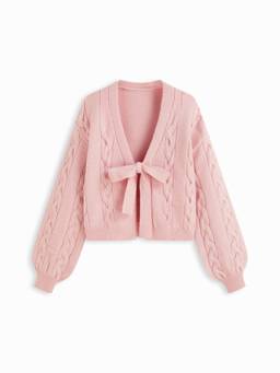 Cider - Cable Knit Women Knotted V-Neck Oversized Cardigan Pink