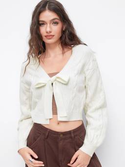 Cider - Cable Knit Women Knotted Oversized V-Neck Cardigan White