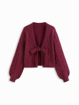 Cider - Cable Knit Women Oversized V-Neck Tie-Up Cardigan Wine