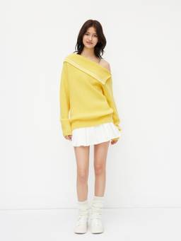 Cider - Knit Stripe Women's Asymmetrical Neck Oversized Top Yellow
