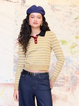 Cider - Knit Polo Women's Striped Contrast Trim Top Tan
