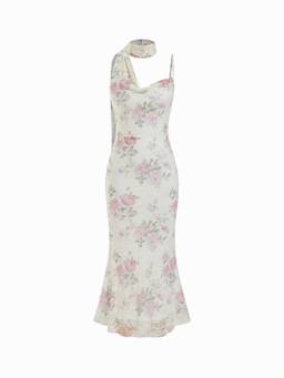 Cider - Lace Floral Women Cowl Neck Mermaid Maxi Dress Cream