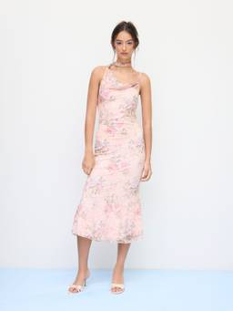 Cider - Lace Floral Women's Cowl Neck Mermaid Maxi Dress Pink
