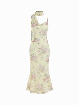 Cider - Lace Floral Women Cowl Neck Mermaid Maxi Dress Yellow