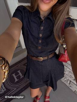 Cider - Denim Collar Women's Button Front Mini Shirt Dress Dark denim