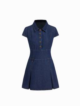Cider - Denim Collar Women's Button-Front Mini Shirt Dress Mid Blue