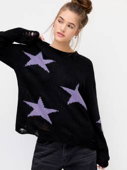 Cider - Knit Star Print Women's Ripped Full Sleeve Top Black