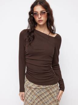 Cider - Asymmetrical Neck Women Ruched Full Sleeve Top Brown