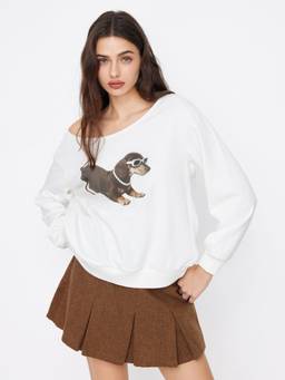 Cider - Asymmetrical Neck Women's Dog Graphic Sweatshirt White