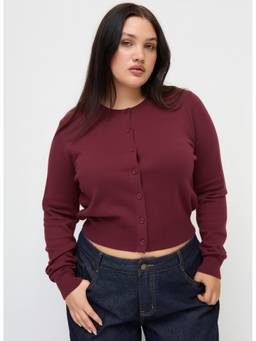 Cider - Knit Women Button-Up Round Neck Cardigan Wine