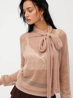 Cider - Knit Women's Oversized High Neck Hollow Out Top Pink