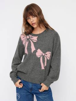 Cider - Knit Bowknot Women's Oversized Graphic Round Neck Sweater Grey