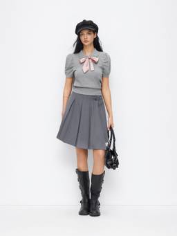 Cider - Knit Collar Women Bow Tie Puff Sleeve Top Grey