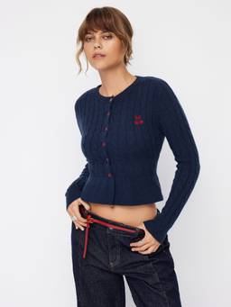 Cider - Cable Knit Women's Cherry Embroidered Button-Up Cardigan Blue
