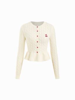 Cider - Cable Knit Women Cherry Embroidered Ruffle Hem Cardigan Cream