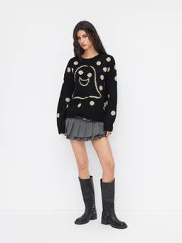 Cider - Ghost Polka Dot Women Oversized Crew Neck Sweater Black