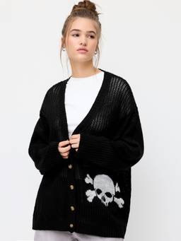 Cider - Skeleton Knit Women’s Oversized V-Neck Button Cardigan Black