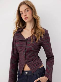Cider - Cotton Blend Women's Tartan Ruched Bell Sleeve Shirt Wine