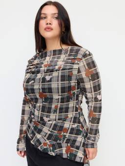 Cider - Mesh Women's Floral Plaid Ruffle Hem Top Black